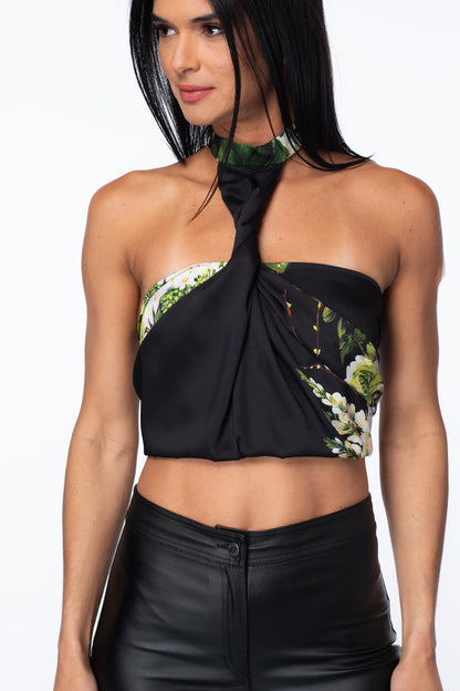 Convertible Scarf-Print Silk Halter Top